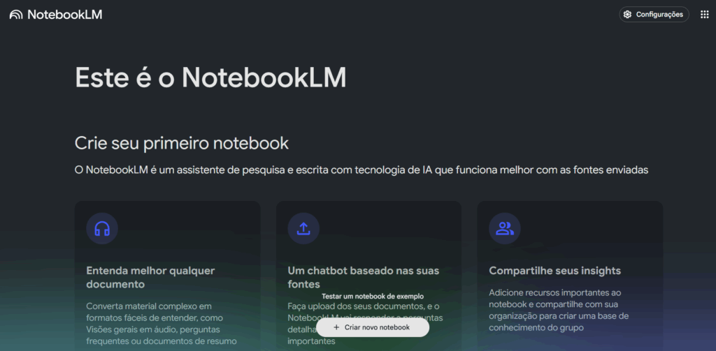 NotebookLM pagina inicial